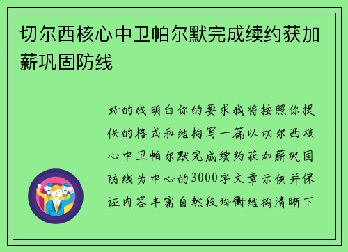 切尔西核心中卫帕尔默完成续约获加薪巩固防线